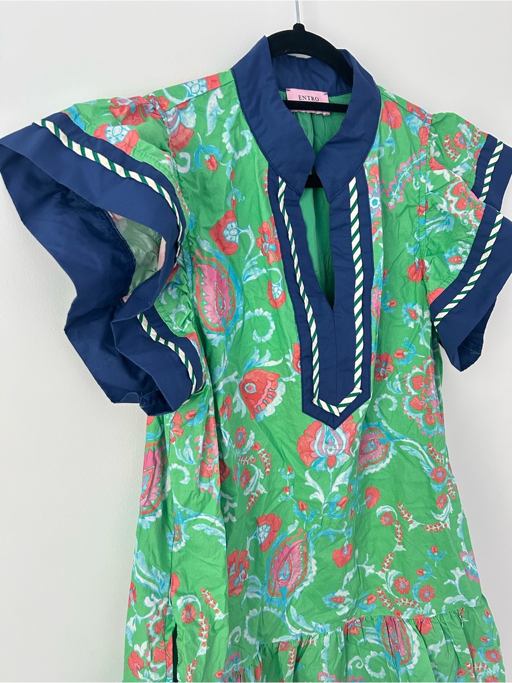 entro Bright Green Floral Mini Dress with Navy Trim